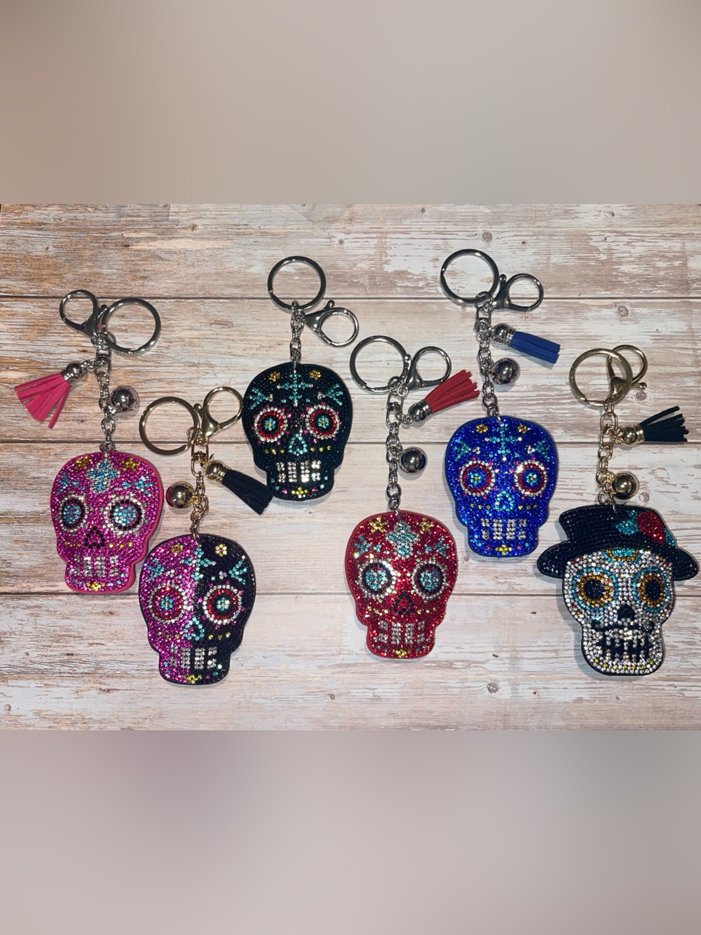 Rhinestone puffed SUGAR SKULL Keychain Bag Charm with Tassel